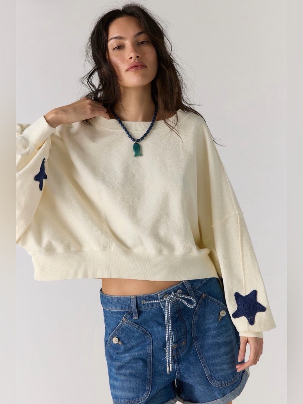 Free People Tricia Crochet Star Sweatshirt 💯 Cotton NWT